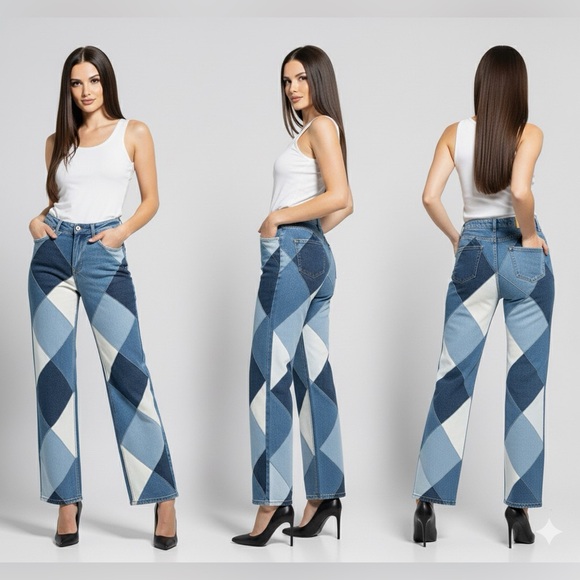 Diamond Patchwork Jesns Wide-Leg Denim – Statement Edition - Picture 2 of 14